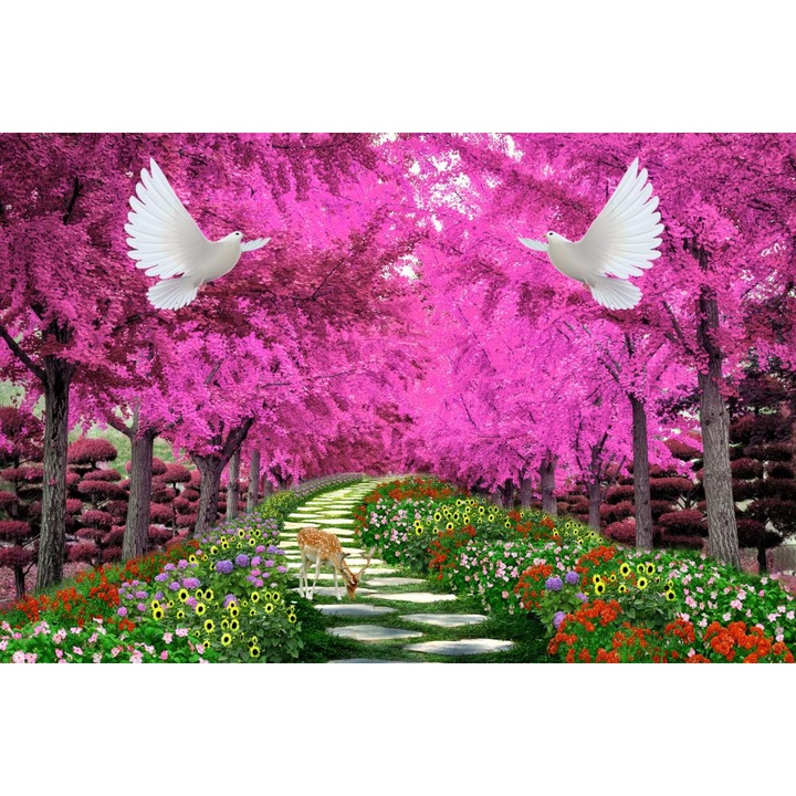 PVC öntapadó tapéta - Út a kerten rózsaszín fákkal, 100 x 150 cm