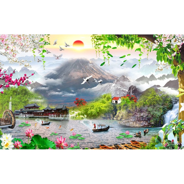 Öntapadó PVC tapéta - Asian Mountain and Village, 100 x 150 cm