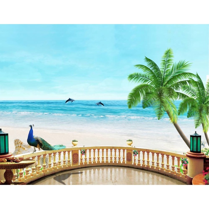 PVC öntapadó tapéta - Sunny Beach pálmafákkal és pávákkal, 100 x 150 cm