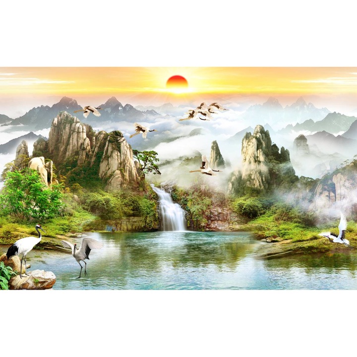 PVC öntapadós tapéta - Hegyi táj és madarak, 100 x 150 cm