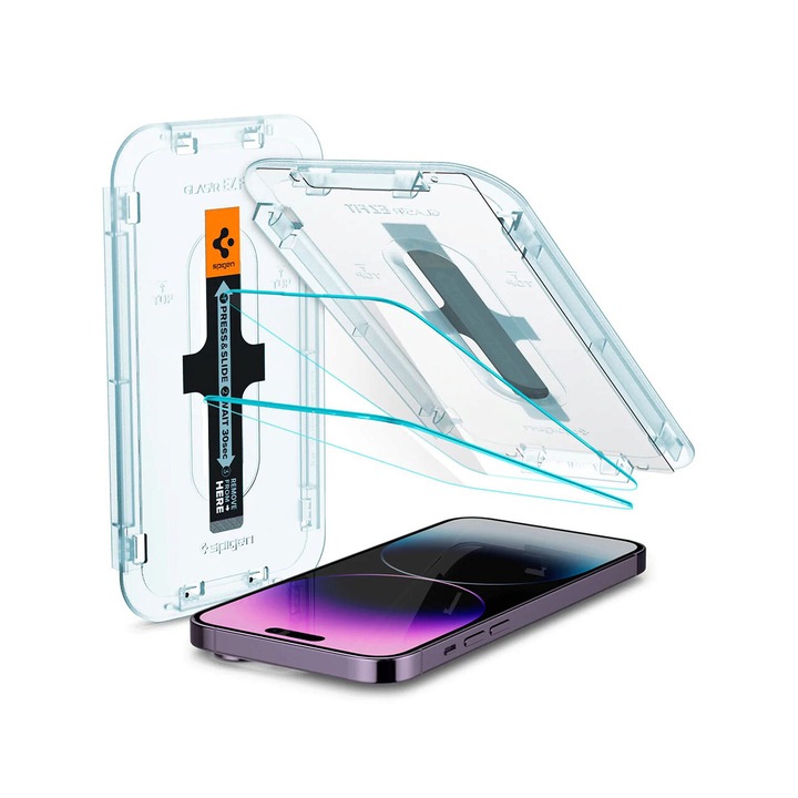 Комплект от 2 стъклени фолиа с подходяща за калъфа система за монтаж Spigen GLAStR EZ FIT, съвместим с iPhone 14 Pro Max