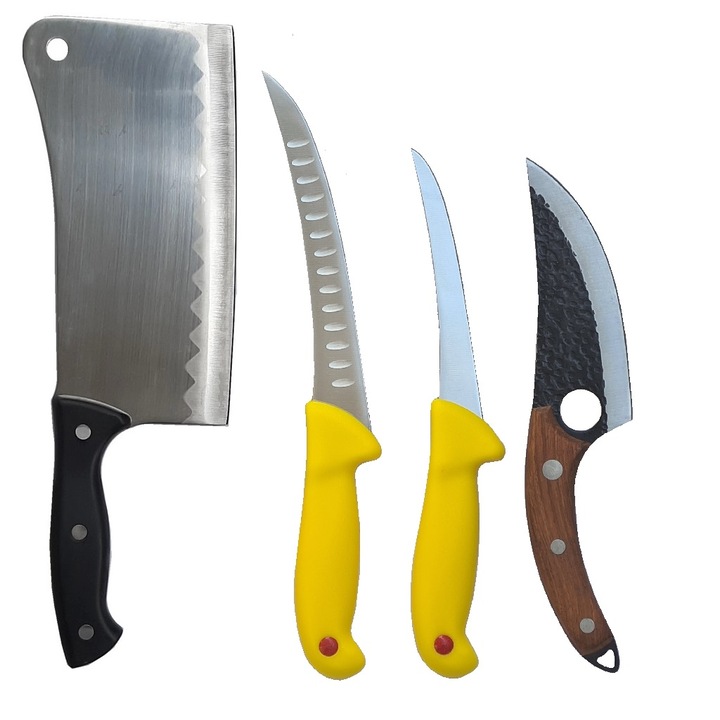 Set Profesional macelar 4 Piese format din Satar 800g, Cutit universal, Cutit filetat si cutit desosat, MKL Gold