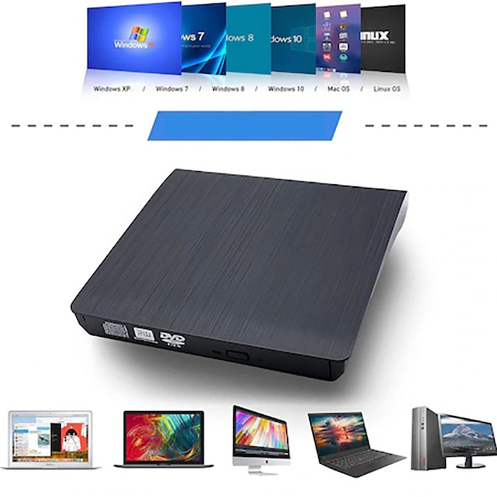 Външно DVD записващо устройство, Plug and Play, 8X / 24X, USB 3.0, CD / VCD / DVD записващо устройство, Съвместимо с Windows/ Linux/ Mac OS, Черен