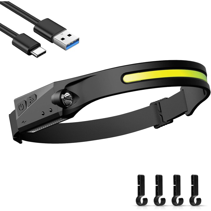 Lanterna frontala, reincarcabila USB, iluminare larga 270°, impermeabila, pentru camping, drumetii, pescuit, alergare