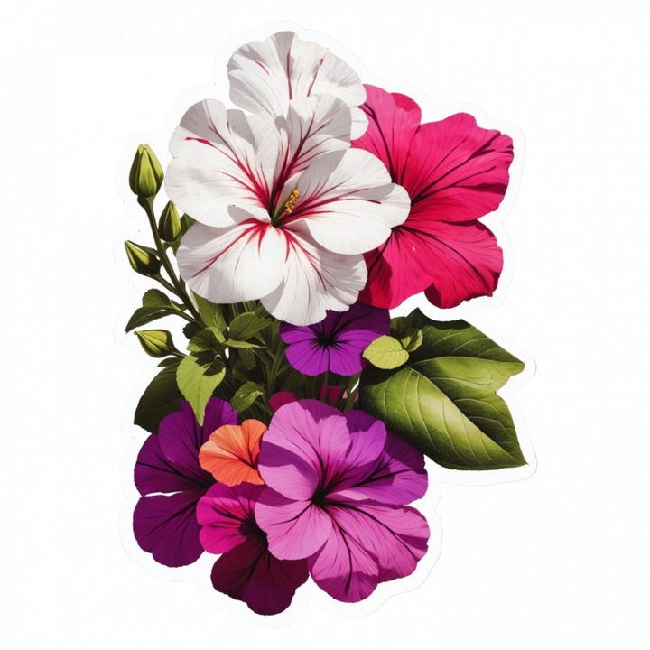 Set 3 bucati, Sticker decorativ, Flori de petunii, Rezistent la apa, NO1045, 6 cm, Multicolor