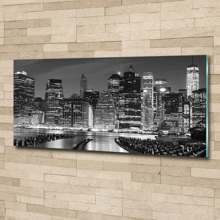 Tablou pe sticla. Tulup. Imagine imprimata sticla. Manhattan noaptea. 125 cm x 50 cm. Gri. 94703555