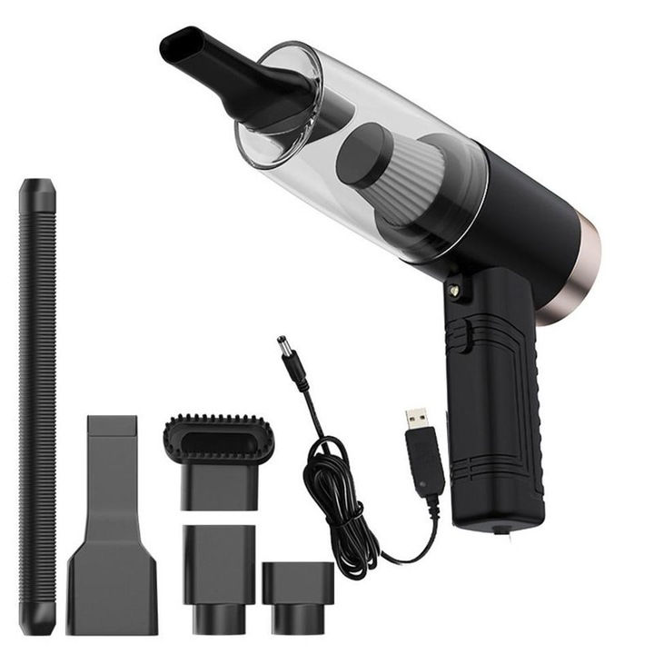 Mini porszívó, vezeték nélküli, 3 az 1-ben, akkumulátoros, USB töltés, 80 W, autó- és otthoni tisztítás, mosható HEPA szűrő, kompakt - PISTOOVER