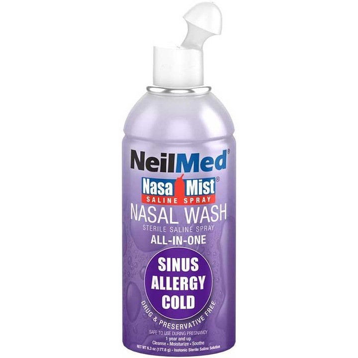 Spray Nazal, NeilMed, NasaMist All in One Multi Purpose, Izotonic, cu Solutie Salina, Calmeaza, Hidrateaza si Curata Caile Nazale, 3 Duze Diferite, fara Conservanti, 177.6gr