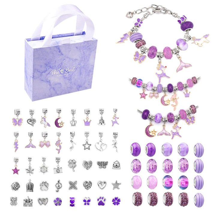 Set 66 Margele pentru creat bratari, bijuterii, GOGOU®, 6 ani+, Violet