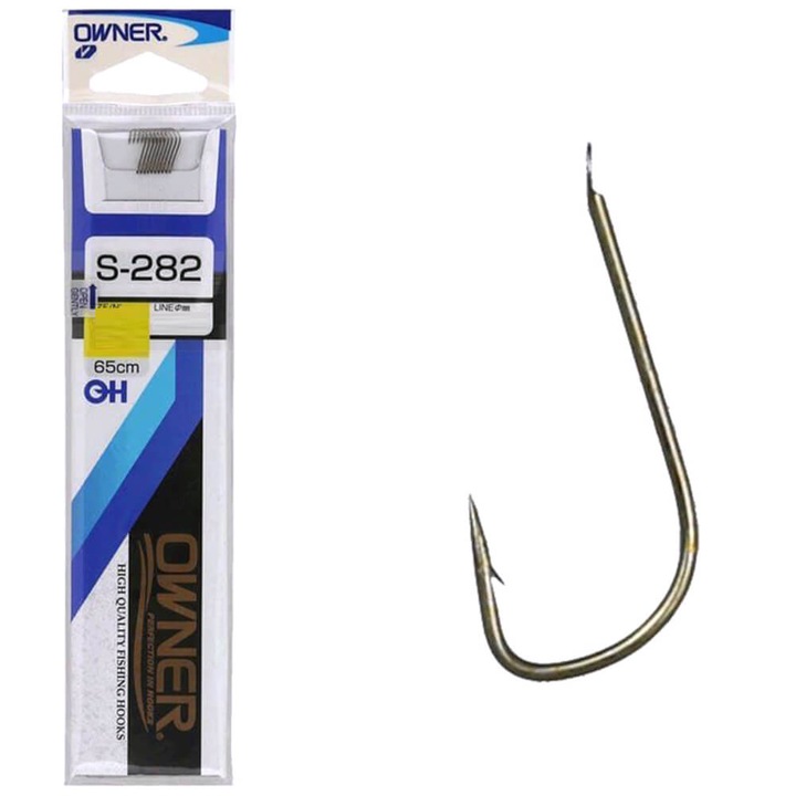 Set 10 bucati carlige Owner S-282 legate cu fir monofilament de 0.12mm, 65cm, culoare brown, marime 12
