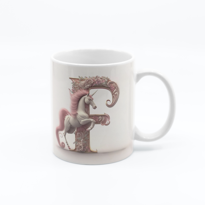 Cana cu initiala litera F, model unicorn, 330 ml