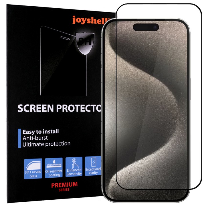 Folie Sticla Joyshell, Compatibil Apple iPhone 15 Pro Max, Protectie Profesionala Ecran 3D, Full Cover- Negru