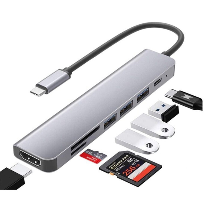 Хъб USB Type-C 7 в 2, Axeloni ®, мултипорт 2 x USB 2.0, 1 x USB 3.0 5Gbps, HDMI 4K 30Hz, четец на карти TD и SD карта, USB Type-C PD 100W, сив