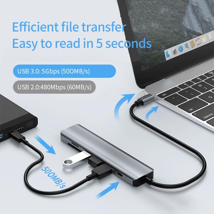 Хъб USB Type-C 7 в 2, Axeloni ®, мултипорт 2 x USB 2.0, 1 x USB 3.0 5Gbps, HDMI 4K 30Hz, четец на карти TD и SD карта, USB Type-C PD 100W, сив