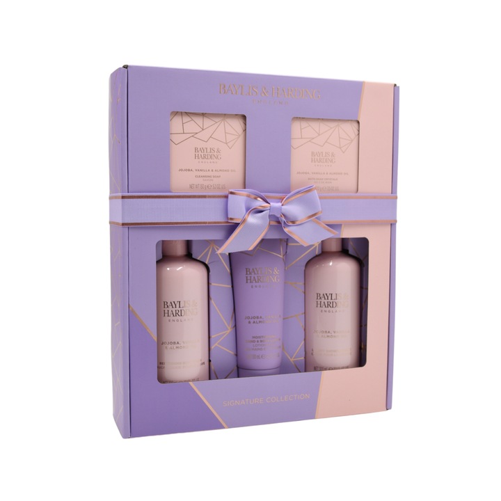 Set 5 Piese Baylis & Harding, Femei, Gel De Dus 300 ml, Lotiune Pentru Maini Si Corp 130 ml, Crema De Dus 300 ml, Sapun De Curatare 150 g, Cristale De Baie 100 g, Extract Ulei De Migdale, Vanilie, Jojoba