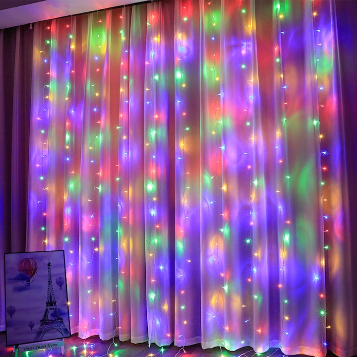 Instalatie de Craciun tip Perdea luminoasa, 8 jocuri de lumini, 2 m x 2 m, 240 Leduri, Multicolor, Cablu Transparent, interconectabila, prelungitor 1.5 m, Exterior / Interior