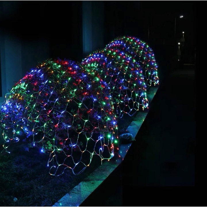 Karácsonyi fényháló típusú telepítés, 8db fényjáték, 1,2 mx 1,2 m, 80 LED, Többszínű, Átlátszó kábel, összeköthető, 1,5 m-es hosszabbító, Kültéri / Beltéri