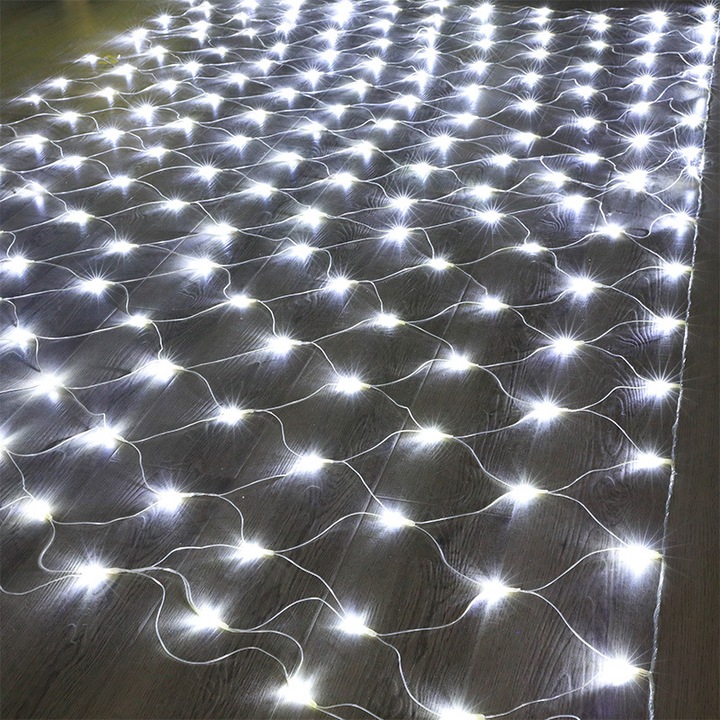 Instalatie de Craciun tip Plasa luminoasa, 8 jocuri de lumini, 1.2 m x 1.2 m, 80 Leduri, Alb Rece, Cablu Transparent, interconectabila, prelungitor 1.5 m, Exterior / Interior