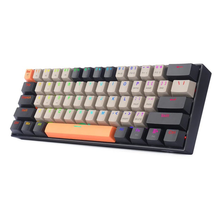 Tastatura Bluetooth si cu fir gaming mecanica Redragon Draconic Pro neagra taste negre gri si portocalii iluminare RGB