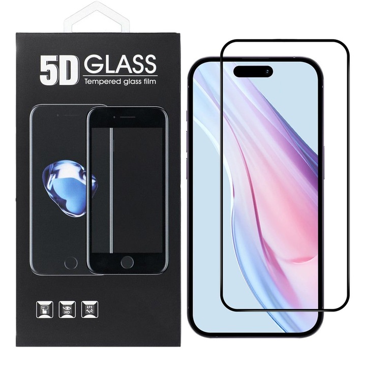 iPhone 15 / 16 kompatibilis üvegfólia, előlapi, 5D, edzett, hajlított, fekete kerettel