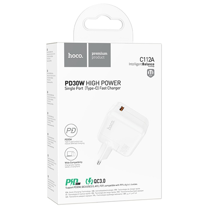 Hálózati töltő, USB-C, tápellátás 30 W, gyorstöltés, QC 3.0, 3A, intelligens egyensúly, HOCO (CA112A)