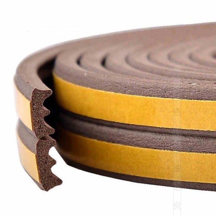 Öntapadó szalag ajtók és ablakok tömítésére, E profil, 9mm x 4mm, UV-álló, EPDM gumi, 6 m, barna