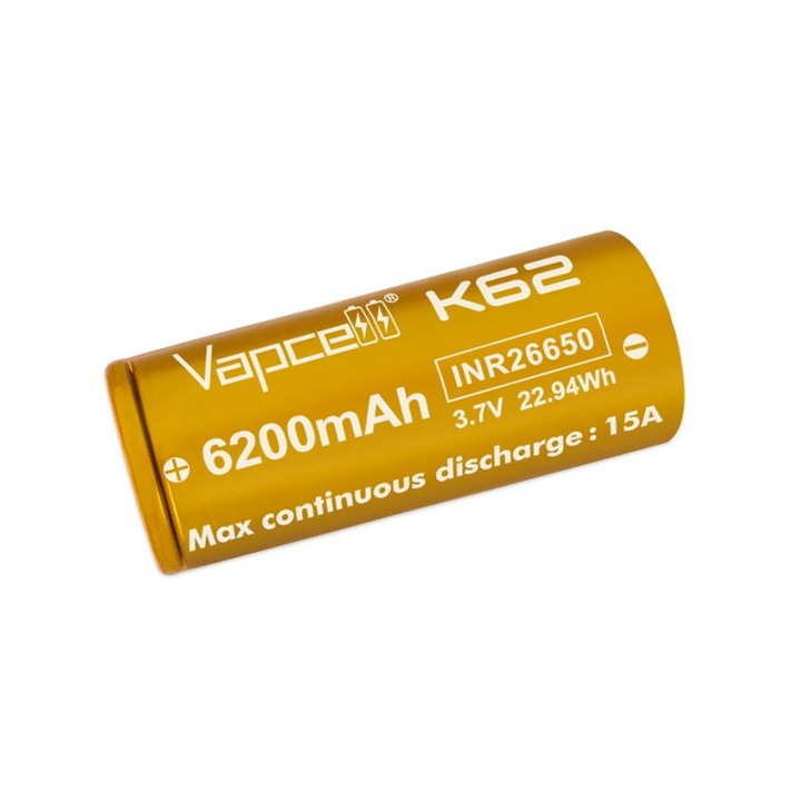Акумулатор 26650, капацитет 6200 mAh, Vapcell K62, напрежение 3.7V, интензитет 15A, плосък връх