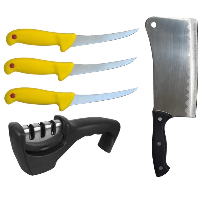 Set profesional macelarie 5 piese, 3 Cutite dezosat Gold, Satar 800 g ascutitor manual 3 nivele, otel inoxidabil