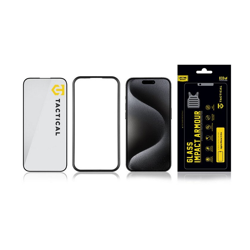 Folie protectie de sticla pentru iPhone 15 Pro - Tactical Glass Impact Armor Folie de sticla 3D subtire, neagra, prietenoasa cu carcasa