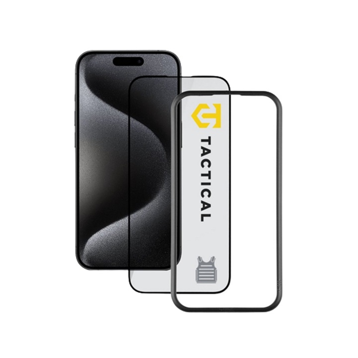 Folie protectie de sticla pentru iPhone 15 Pro - Tactical Glass Impact Armor Folie de sticla 3D subtire, neagra, prietenoasa cu carcasa