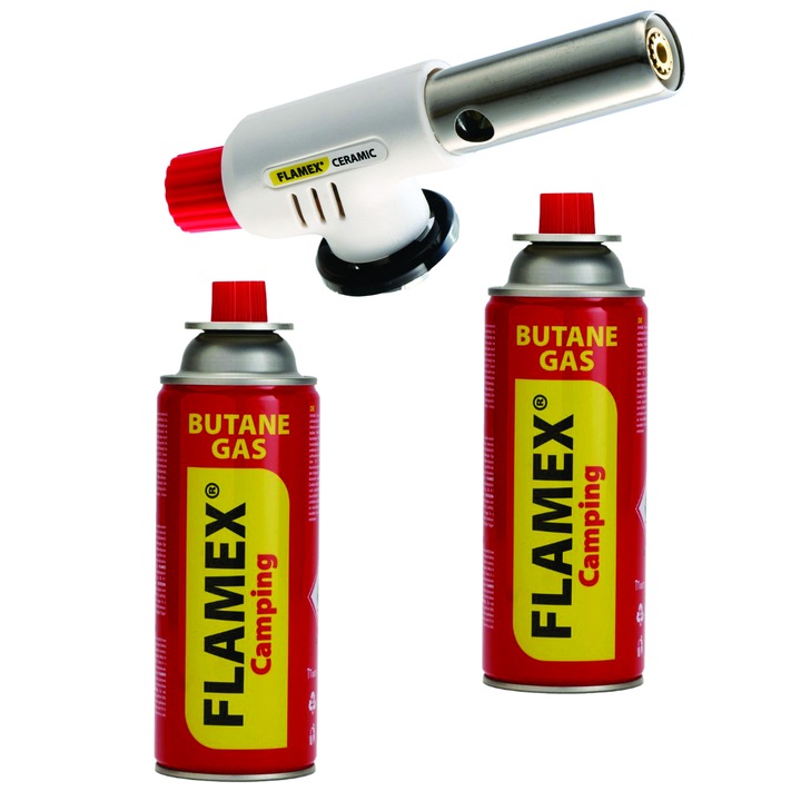 Cap arzator ceramic FLAMEX 227, aprindere piezo, cu doua butelii spray gaz 227g