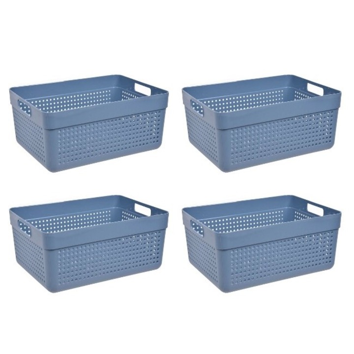 Set 4 cosuri de depozitare din plastic albastru cu model perforat si manere, 4 x 10 litri, 32x23x15 cm