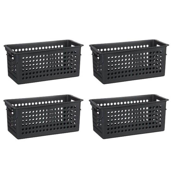 Set 4 cosuri de depozitare din plastic negru antracit cu model perforat si manere, 4 x 4 litri, 30x14x13 cm