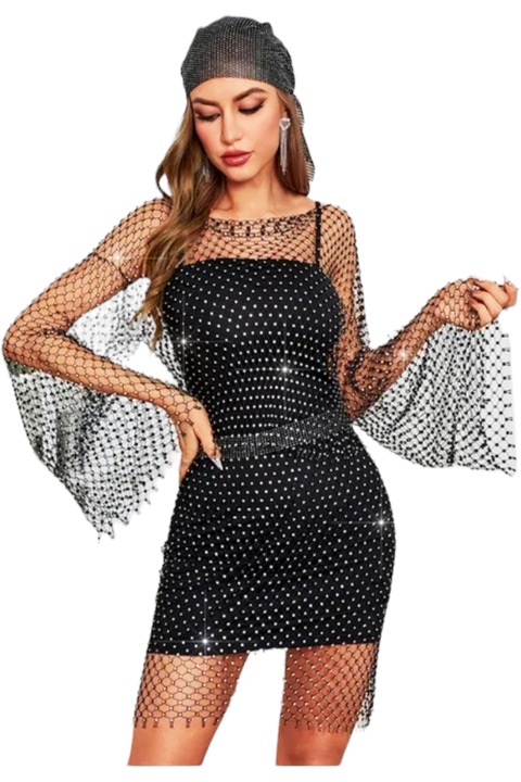 starFashion Дамска рокля за плаж/басейн/клуб с дълги клоширани ръкави в мрежест стил с кристали/кристално черно OneSize