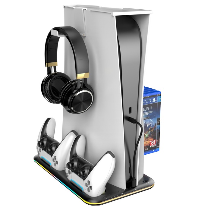 Stand vertical 5 in 1 multifunctional PS5 Seilylanka, cu Statie de incarcare Dual pentru 2 controllere, 3H Fast charge, Ventilator, Suport casti, Slot depozitare 6 CD-uri, lumina RGB, Capac anti-praf, pentru Play Station PS5, negru