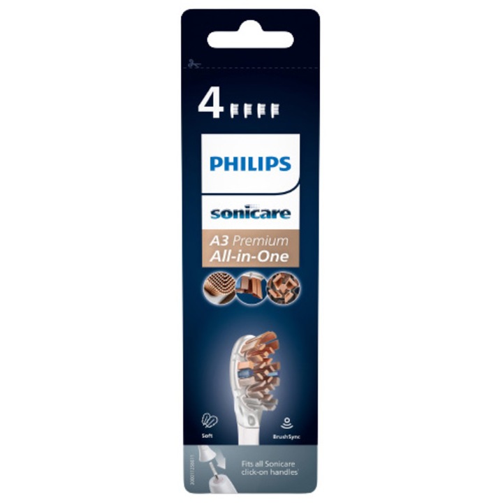 Резервни глави Philips Sonicare A3 Premium All in One HX9094/10, 4 броя, Стандартни, Синхронизация на режимите BrushSync, Бял