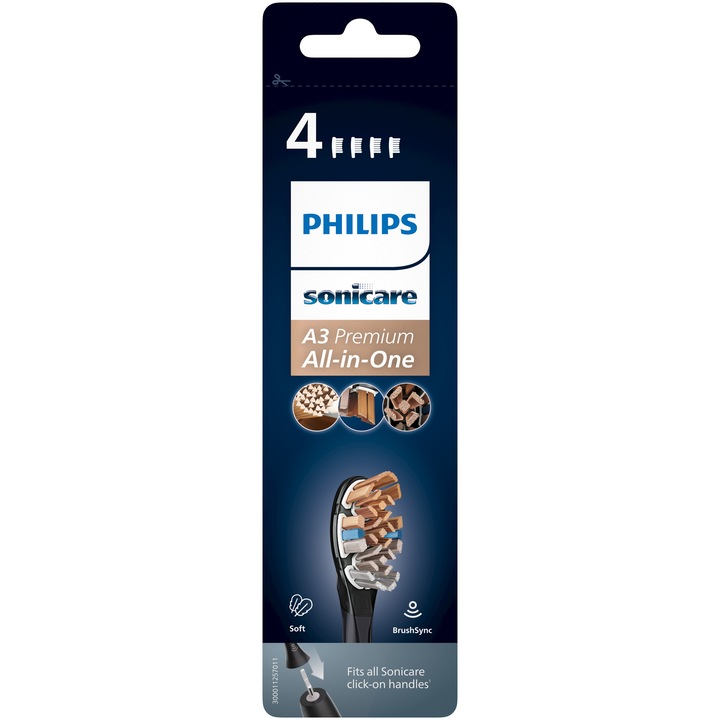 Резервни глави Philips Sonicare A3 Premium All in One HX9094/11, 4 броя, Стандартни, Синхронизация на режимите BrushSync, Черен