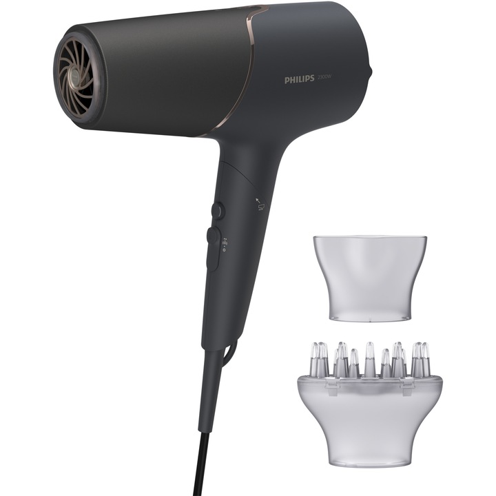 Uscator de par Philips BHD538/30, 2300W, tehnologie ThermoShield, ingrijire cu ioni, 3 setari de temperatura, 2 setari de viteza, difuzor, cap de coafare 11 mm, Negru/Roz