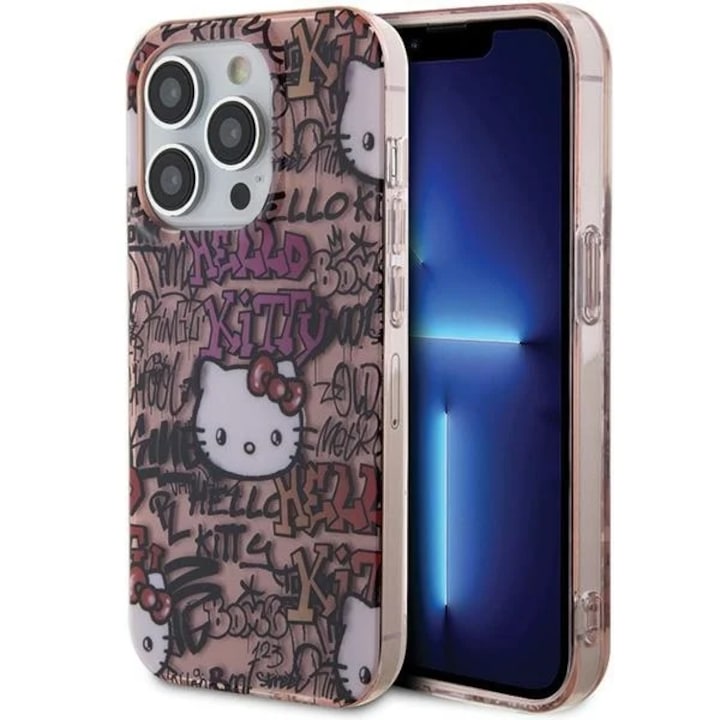 Tok iPhone 15 Pro készülékhez – Hello Kitty keménytok IML Tags Graffiti (HKHCP15LHDGPTP) – rózsaszín