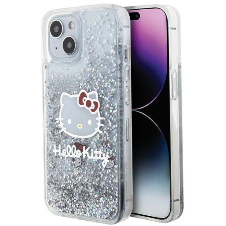Hello Kitty HKHCP14SLIKHET iPhone 14/15/13 6.1" készülékhez kemény tok Liquid Glitter Charms Kit ezüst