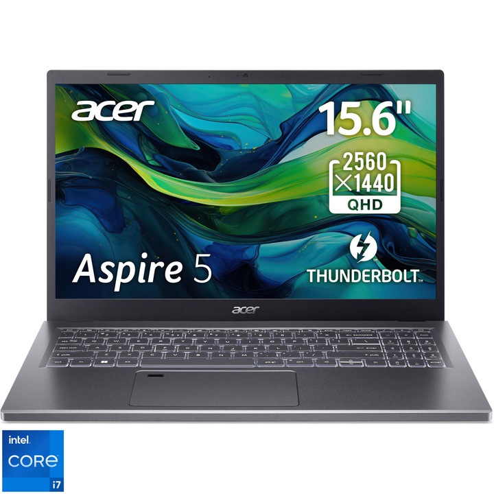 Laptop Acer Aspire 5 A515-58M-79EV cu procesor Intel® Core™ i7-1355U pana la 5.0 GHz, 15.6", QHD, IPS, 16GB DDR5, 512GB SSD, Intel® Iris® Xe Graphics, NO OS, Steel Gray
