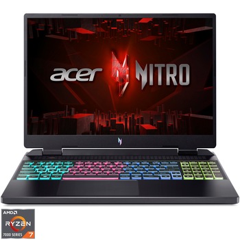 Laptop Gaming Acer Nitro 16 AN16-41 cu procesor AMD Ryzen 7 7840HS pana la 5.10 GHz, 16", WUXGA, IPS, 165Hz, 16GB, 512GB SSD, NVIDIA GeForce RTX 4060 8GB GDDR6, NO OS, Obsidian Black