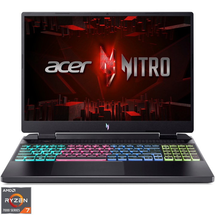 Acer Nitro 16 AN16-41 Gaming laptop with AMD Ryzen™ 7 7735HS processzorral max to 4.75 GHz, 16", WUXGA, IPS, 165Hz, 16GB, 512GB SSD, NVIDIA® GeForce RTX™ 4050 6GB GDDR6, NO OS, Nemzetközi angol billentyűzet, Fekete