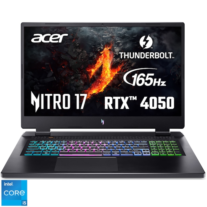 Laptop Gaming Acer Nitro 17 AN17-51-50RV cu procesor Intel® Core™ i5-13500H pana la 4.70 GHz, 17.3" Full HD, IPS, 165Hz, 16GB, 512GB SSD, NVIDIA® GeForce RTX™ 4050 6GB GDDR6, No OS, Black