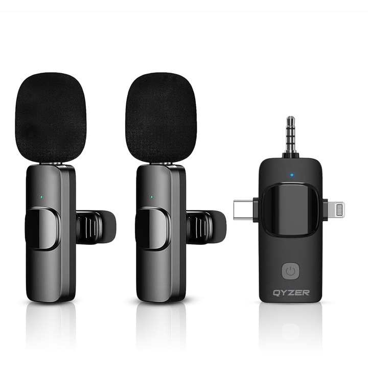 2 db professzionális csíptetős mikrofon készlet, Qyzer, vezeték nélküli csíptetős mikrofonok USB-C, Lightning, 3,5 mm-es jack csatlakozóval, újratölthető 2,4 GHz-es mikrofonok zajcsökkentéssel, hordozható