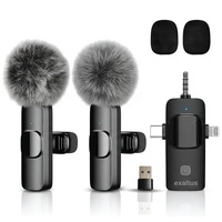Set 2 Microfoane Lavaliera Profesionale, Exaltus®, Microfoane Wireless Lavaliera Cu USB-C, Lightning, Jack 3.5mm, Microfoane Reincarcabile 2.4 GHz Cu Reducere Zgomot, Compatibile Cu Telefon, DSLR, Laptop, iOS, Android, iPad, Interviuri Si Live, Portabile