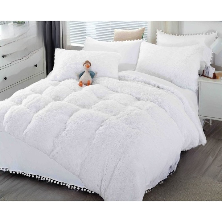 Спално бельо, Jojo Home, Fluffy, 2 лица, 6 части, Едноцветно, 230x250см, Бяло