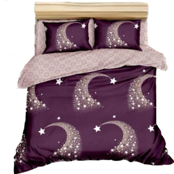Lenjerie de pat, pucioasa, bumbac satinat, 2 persoane, 4 piese, cu model, mov