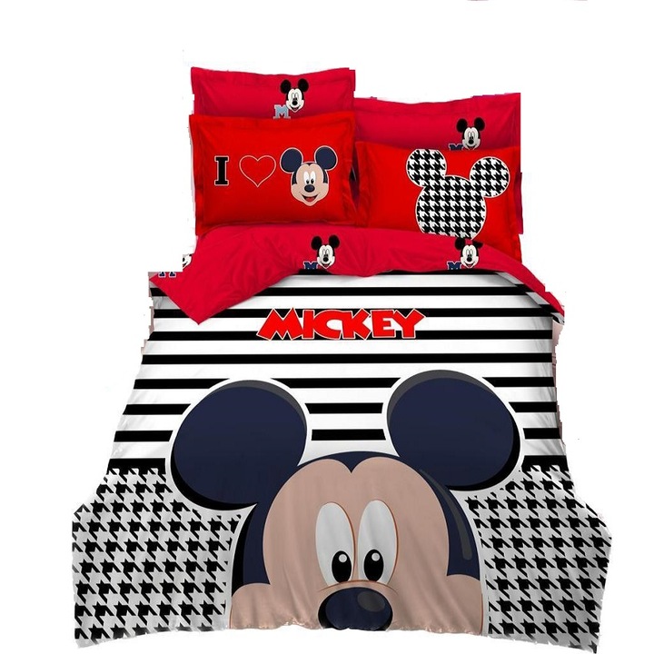 Lenjerie de pat, pucioasa, bumbac finet, 2 persoane, 6 piese, cu model Mikey Mouse, multicolor