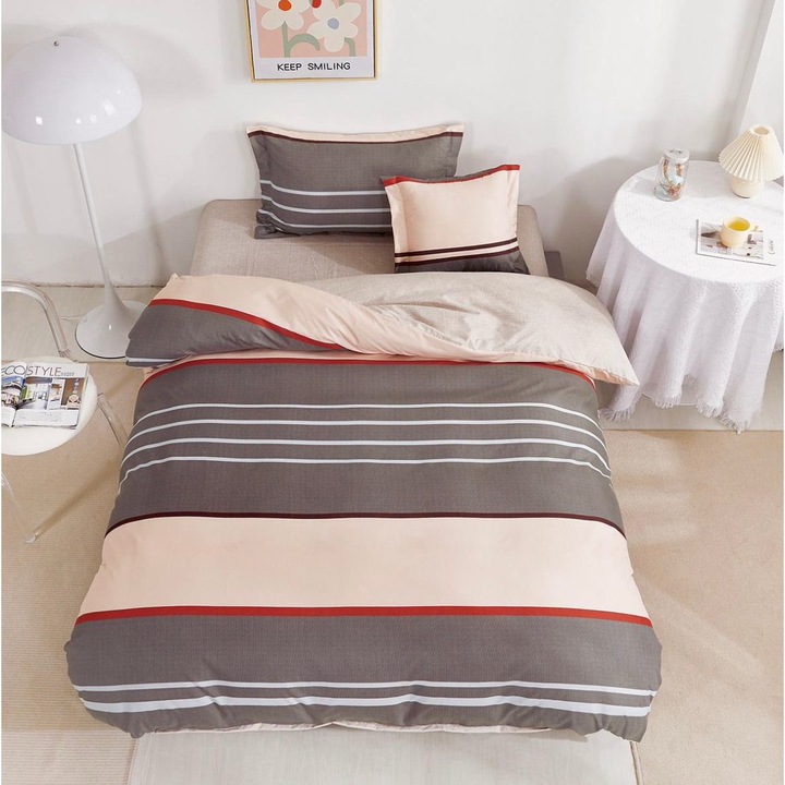 Set lenjerie de pat, Pucioasa, Finet, Cearceaf de pat cu elastic 140 x 200 cm, Husa pilota 155x200 cm, 2 huse perne 55 x 75 cm si 50 x 50 cm, pentru pat de dimensiuni 140x200 cm, Pat 1 persoana, Maro/Crem/Rosu, FNUE-042